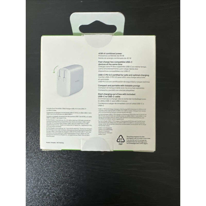 Belkin Boostcharge Dual-Port USB-C Wall Charger 40W + 5ft USB