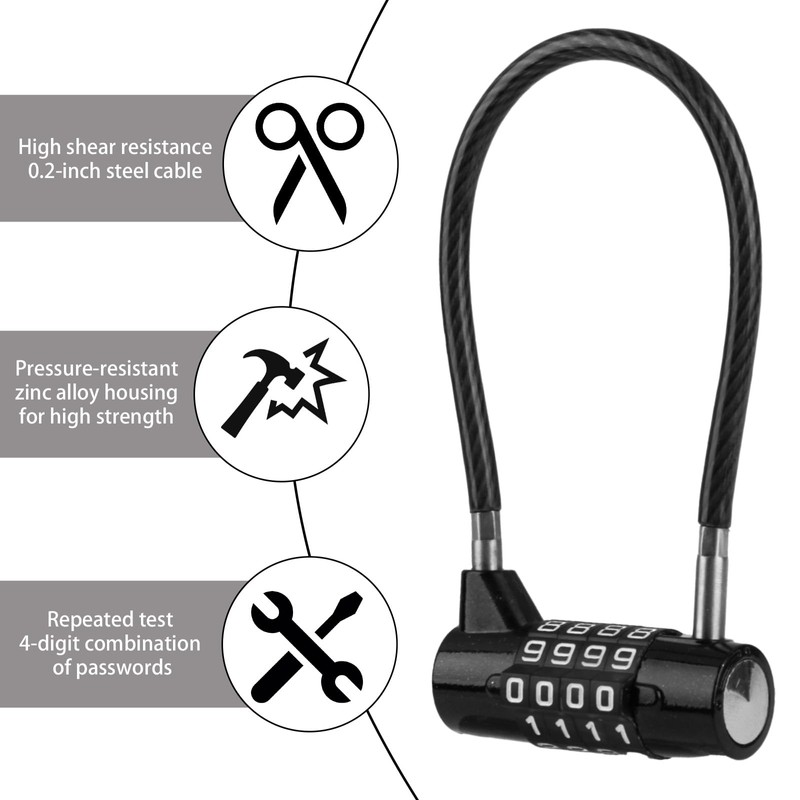 4-Digit Combination Padlock with Steel Cable - 3/16" Diameter, 7"