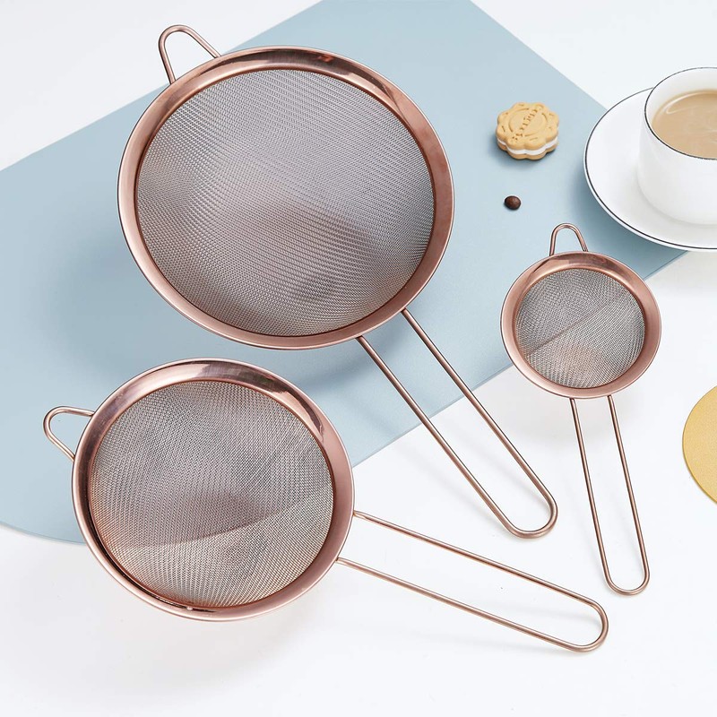 Kyraton Rose Gold Fine Mesh Strainer 3 Pieces Set, Copper
