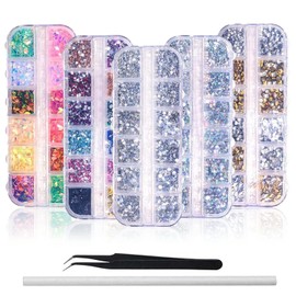 6400 Piezas Piedras para Uñas Diamantes de Imitación para Uñas Piedras de Cristal para Uñas oro y Plata Lentejuelas Coloridas Kit de Uñas con Pinzas L