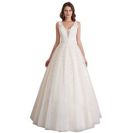 Abaowedding Women's Wedding Dress for Bride Lace Applique Evening Dress V Neck Straps Ball Gowns Ivory US 16