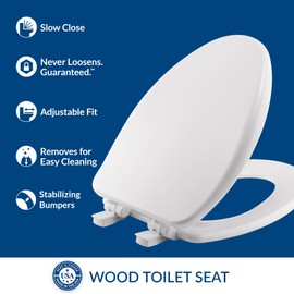 Bemis Alesio II Slow Close Toilet Seat, Easy Clean Hinges and Adjustable Perfect Fit Wood Seat, Made in USA, Elongated, White
