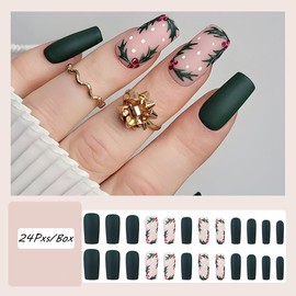 24Pcs Christmas Press on Nails Medium Square Fake Nails Green Acrylic Nails with Xmas Holly Glue on Nails Winter False Nails Matte Coffin Press ons Stick on Nails for Women Holiday Manicure Decoration