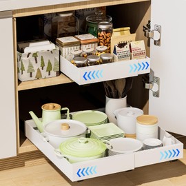 FLOUREE 21 Inch Deep Expandable Pull Out Cabinet Organizer with Adhesive Nano Film, 2 Pack Heavy Duty No Drill Slide Out Drawers for Cabinet, Adjustable Width 12.2"-20.5", White, Bonus Storage Basket