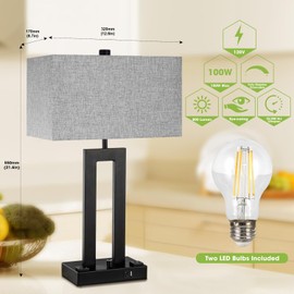 Vikdio Modern Table Lamps Set of 2-22" Tall Bedside Lamps with USB-C/USB-A Charge Ports & Outlet, Stepless Dimmable Fabric Gray Shade Nightstand Lamps for Bedroom & Living Room