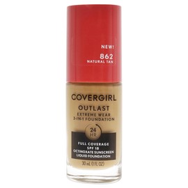 Covergirl Outlast Extreme Wear 3-in-1 Full Coverage Liquid Foundation, SPF 18 Sunscreen, Natural Tan, 1 Fl. Oz.
