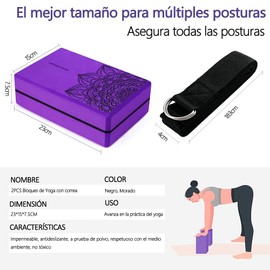 Bloques de Yoga 2 Pack con Correa Set, Bloques de Pilates de Espuma EVA de Alta Densidad Superficie Antideslizante Ladrillo de Yoga para Mejorar la Fuerza, la Flexibilidad y el Equilibrio (Morado)