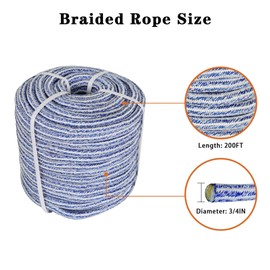 waltyotur 3/4 in x 200FT Arborist Bull Rope, 24 Strand Tree Rope, High Strength Polyester Rope for Garden, Boat, Swing (Blue and White)