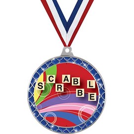 Scrabble Blue Trellis Medal Silver, 2.5" Scrabble Board Games Prizes, Kids Scrabble Trophy Medal Awards 5 Pack