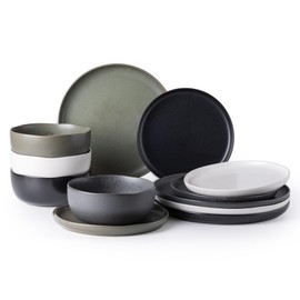 AmorArc Ceramic Dinnerware Sets, Wavy Rim Stoneware Plates and Bowls Sets, Highly Chip and Crack Resistant | Dishwasher & Microwave Dishes set, Service for 4 (12pc)-4 Color