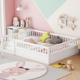 Ball & Cast Full Size Montessori Floor Bed with Fence and Open Door,Platform Bed Frame W/High Guardrails & Solid Wood Baffle Design,Without Slat,for Girls Boys,White