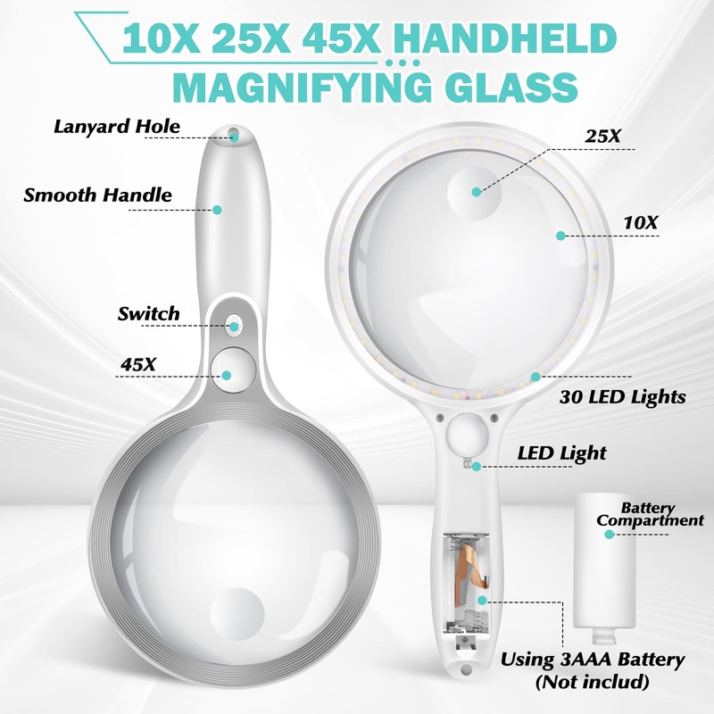 Large Magnifying Glass with Lights,10X 25X 45X Handheld Lighted Magnifier,