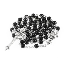 OEMOO Saint Michael the Archangel Hematite Black Stone Beads Catholic Rosary Necklace with Metal Gift Box for Men in Metal Gift Box