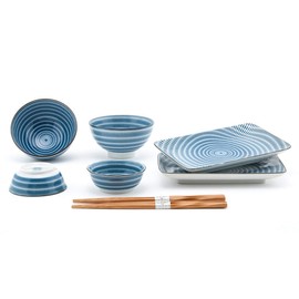 Happy Sales HSDS-FCSBLU, 8 Piece Japanese Dinnerware Sushi Plate Set, Blue Tokusa