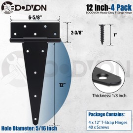 BOODVON 12 Inch T-Strap Gate Hinges, Shed Barn Door Hinges Heavy Duty, Black Tee Hinges for Wooden Fences, Yard Gate, Wrought Hardware Iron Rustproof (4Pack/Set)