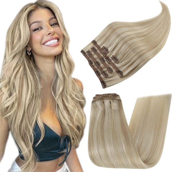 RUNATURE Clip-In Real Hair Extensions, Ash Blonde with Platinum Blonde Straight Hair Extensions Clip-In Real Hair Blonde, 45 cm, #18P60, 120 g