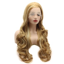 Meiyite Hair Wavy Long 26inch Two Tone Blonde Brown Mix Heavy Density Heat Friendly Synthetic Lace Front Wigs