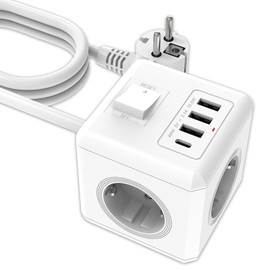 ANTELA Mehrfachsteckdose Würfel USB mit Schalter 16A, 3fach Steckdosenleiste mit 3 USB et 1 Typ-C, Steckdosenwürfel Mehrfachstecker Verlängerungskabel 1,5m, für Büro