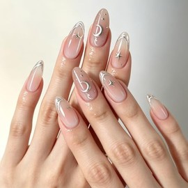 24 piezas de Uñas Postizas a Presión, Adhesivas Uñas Press On Nails De Cobertura Completa,Uñas Postizas de Cortas Largas de Francesa para Principiante