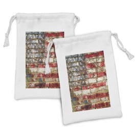 Lunarable USA Fabric Pouch Set of 2, Grungy American Flag on Weathered Brick Wall Patriotic Design Stars and Stripes, Small Drawstring Bag for Toiletries Masks and Favors, 9" x 6", Multicolor