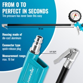 Poppstar Compressed Air Accessory Set: Tire Inflator (0-16 bar, Hose: 340 mm), Compressed Air Spiral Hose 5m, Blow Gun (12 bar)