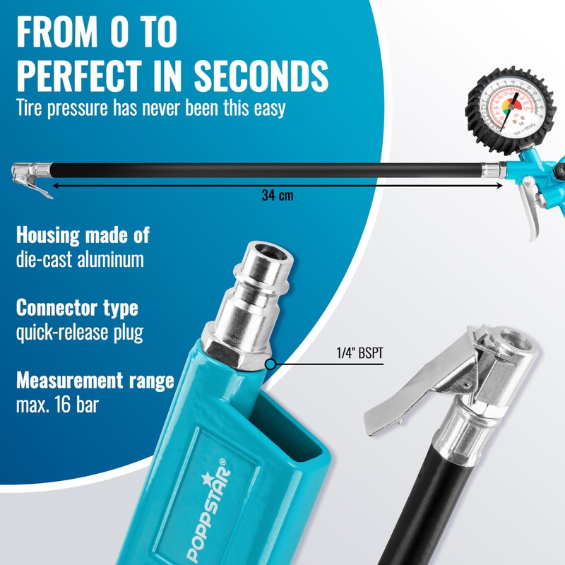 Poppstar Compressed Air Accessory Set: Tire Inflator (0-16 bar, Hose: