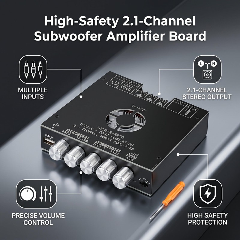 Haofy Amplificador de Potencia ZK HT21, 2.1 Canales, 160W, Conectividad
