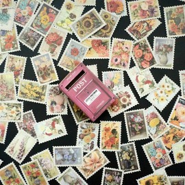 Collage Material Stamp Seals Floral Retro Stickers Set of 100 Pieces in Matchbox Mini Card Stickers Antique Schedule Notebook Notebook Letter (Eera of Flowers)