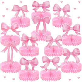 Shellwei 12 Pcs Pink Bow Party Birthday Decorations, Bow Theme Honeycomb Centerpieces, Coquette Birthday Party Bow Party Table Centerpieces for Bow Birthday Baby Shower Bridal Bachelorette Party