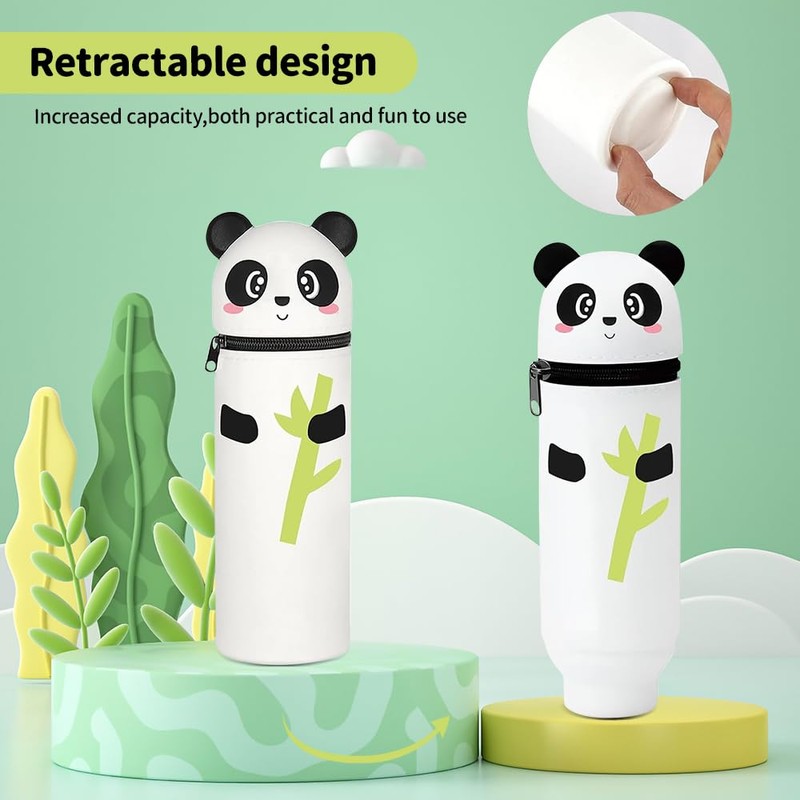 SKIKHN Mäppchen Panda,Kawaii Federmäppchen,Kawaii 2-in-1 Schulmäppchen aus Weichem Silikon,Cartoon Stand