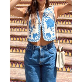 Acrawnni Women Vest Vintage Floral Embroidered Crop Vest Casual National Open Front Sleeveless Cardigan Outerwear Gilet Streetwear