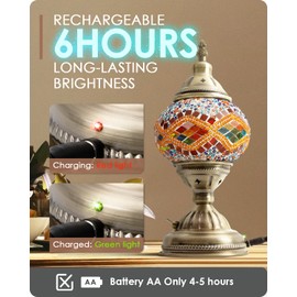 Yarra-Decor Turkish Moroccan Lamp with Bronze Base Handmade Tiffany Mosaic Glass Lamps Portable Bedside Lamps with Rechargeable Battery 2000mAh (LED Bulb Included)(5)