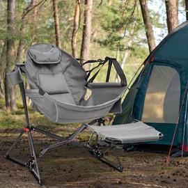 Ainfox Hammock Camping Chair with Footrest, Heavy Duty Foldable Portable Rocking Hammock Chairs Outside Swinging Camp with Cup Holder Pillow for Outdoor Patio Poolside Grey Dark Blue