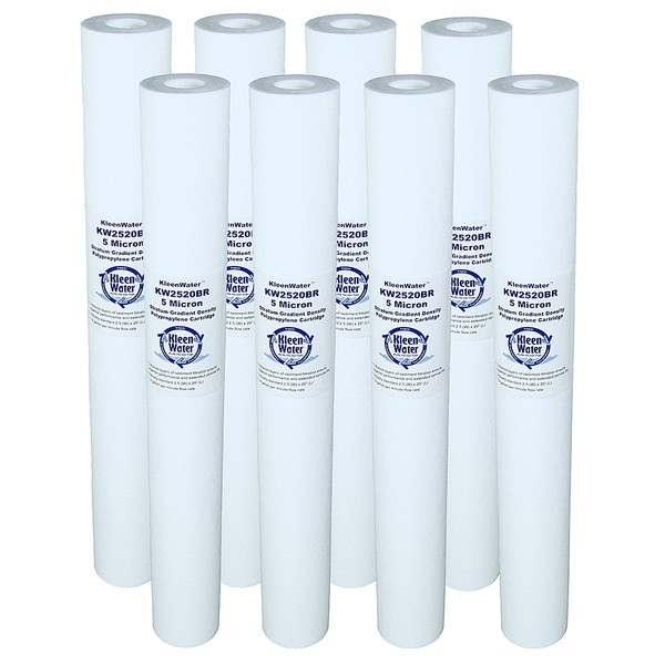 Dirt Rust Sediment Water Filter, KleenWater KW2520BR 2.5 x 20 inch Melt Blown Replacement Cartridges, 5 Micron, 8 Pack