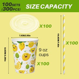 100 Sets 300 Pcs 9 Oz Lemonade Cups With Lids And Drinking Straw, Lemonade Stand Supplies, Lemon Patterned Summer Cold Drink Cup, Disposable Fruit Juice Coffee Paper Cup, Party And Outdoor Supplies