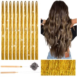 Deepton 2000 Hair Tinsel, 120 cm Glitter Hair Strands with Tool, Hair Tinsel Set, Girls & Children Hair Tinsel, Glitter Strands for Hair for Women Children Cosplay Party Accessories, Gold