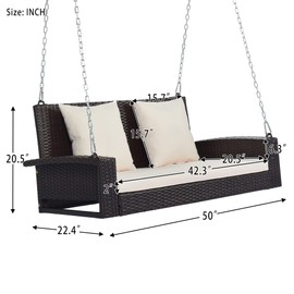 2-Person Wicker Hanging Porch Swing, Outdoor Patio Rattan Bench Loveseat Chair with Sturdy Steel Chain/Back and Seat Cushion and Pillows, Suitable for Deck, Backyard, Garden