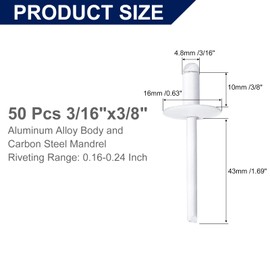 sourcing map 50Pcs 3/16"x3/8" Aluminum Blind Rivets, Aluminum Grip and Steel Mandrel, Large Flange Fastener Rivets for Metal, Furniture, Automotive, White
