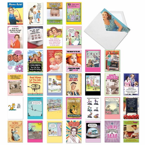 NobleWorks - 36 Assorted Funny Mother's Day Greeting Cards Bulk Box Set w/ 5 x 7 Inch Envelopes, Humor for Moms, Daughter, Sister, Girlfriend (36 Designs, 1 Each) Mother Lode AC9379MDG-B1x36