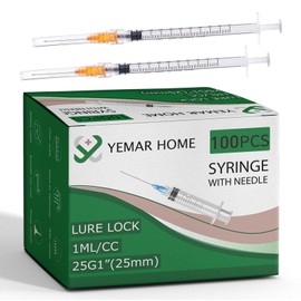 25g 1 Inch Needle and Syringe, 25 Gauge 1 Inch Needle with Syringe, (100Pack) 1 ml Syringes for Scientific Labs, Individual Sealed Package