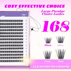 GAQQI Lash Clusters, Individual Lashes 168pcs C Curl, DIY Lash Extension 10mm Length Only False Eyelash Clusters, Natural & Wispy Lash Wisps (GQ19,C Curl,10mm)