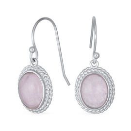 Western Style Pink Quartz Milgrain Cable Edge Oval Gemstone Drop Earrings For Women .925 Sterling Silver Wire Fish Hook
