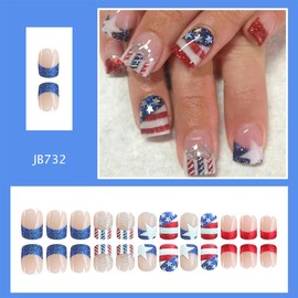 24pcs Independence Day Press on Nails Short Square 4th of July Fake Nails Blue Red Glitter French Tip False Nails with Designs Patriotic Glue on Nails Reusable American Flag Acrylic Nails for Women