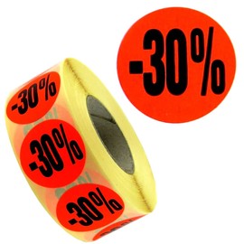 1,000 Promotional Labels / Discount Labels with Imprint -30% | Bright Red Permanent 32 mm, 1 Roll