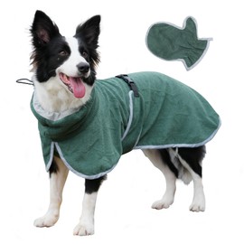 JoyDaog Dog Bathrobe with Bathing Glove for Quick Drying Coats,Puppy Robes with Adjustable Waist Straps for Small Dogs Easily Absorbantt Towels Wrap,Green S