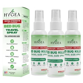 Hygea Natural Extra Strength Bed Bug Killer & Mite Travel Spray - TSA Approved 3 oz Size - Child & Pet Friendly - Stain & Odor Free - for Hotel, Suitcase, Backpack - 66% Stronger Formula (3 pack)