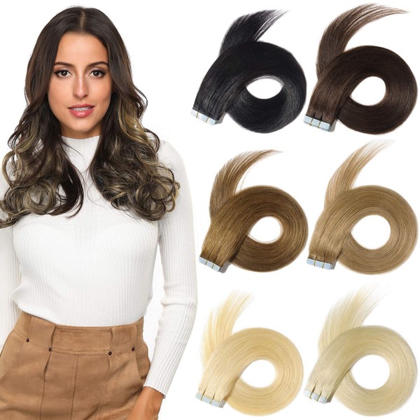 PARXITN Tape-In Real Hair Extensions, 50 cm, 20 Pieces, 50 g, Remy Human Hair, Skin Weft Hair Extensions, Straight, Natural, Seamless Tape-In Weft Hair Extensions, Dark Brown