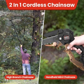 2-in-1 Cordless Pole Saw, Brushless Mini Chainsaw with Adjustable Extension Pole, 21V Electric Pole Chainsaw w/2 Batteries, 4-Inch & 6-Inch Chains,13.5FT Max Reach for Tree Trimming & Branch Cutting