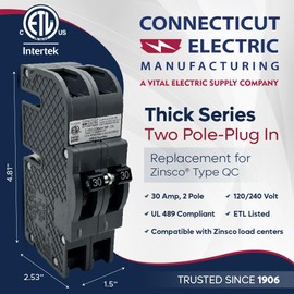 Connecticut Electric UBIZ230-1 Newly Manufactured Zinsco QC30 Replacement, Two Pole 30 Amp Thick Series Circuit Breaker, Gray