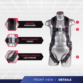 Palmer Safety Fall Protection Safety Harness SLKR Kit I 5pt Full Body Harness, 6' Single Lanyard w/Rebar Hook, 18" D-Ring Extender, Safety Glasses & Kit Bag (Black - Universal)